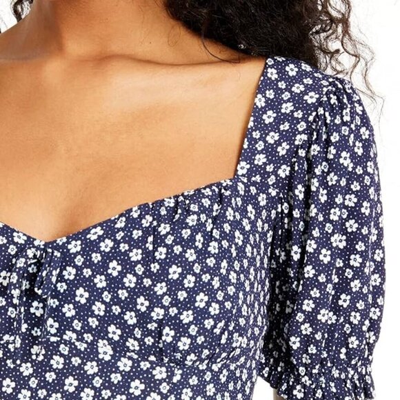 Sequin Hearts Women's Floral A-Line Dress Navy with Puff Short Sleeves XS - Picture 2 of 12